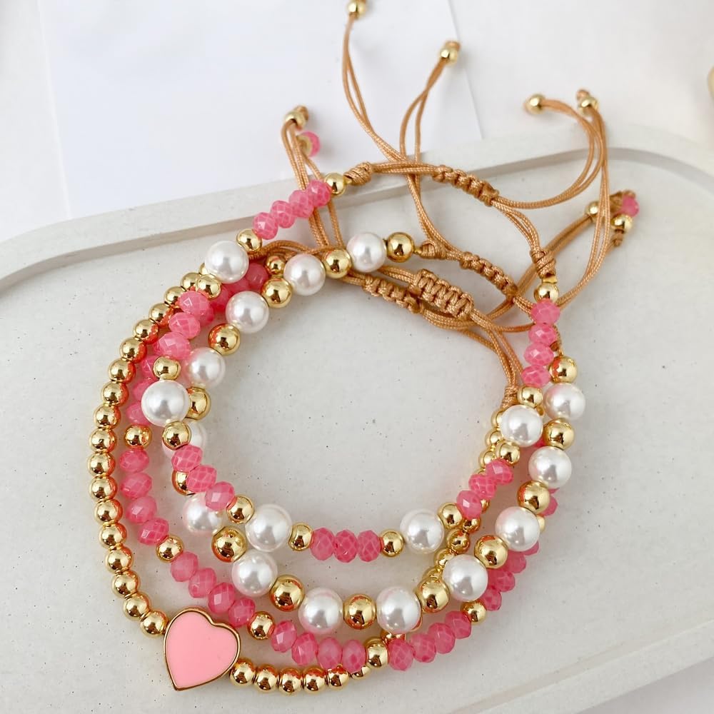 Pink Bracelets Bohemian Layer Heart Pearl Beaded Stacking for Women, Dainty Beads Crystal Gold Beaded Stretch Bracelet Couple Good Luck Charm Jewelry Birthday Gift - Image 6