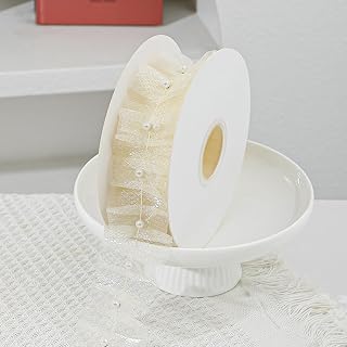 5 Yards 1.88 Inch Beige Sheer Tulle Ruffled Ribbon Solid Cream Vintage Transparent Mesh Pleated Edge with Glossy Pearl Trim for Sewing Costume Wedding Bouquet Embellishment DIY Craft Supply