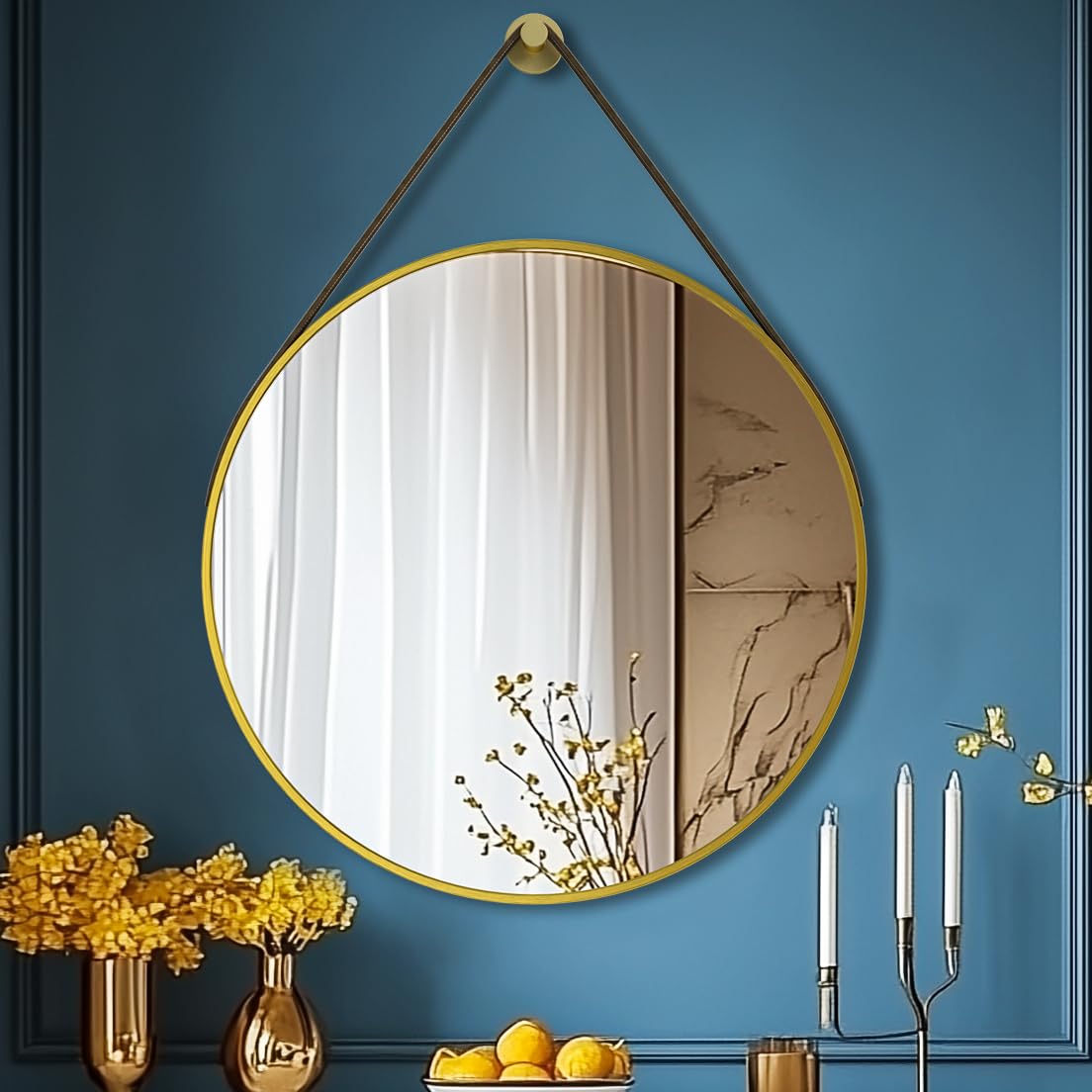 Artloge Spiegel Rund Gold 70cm: Wandspiegel mit Metall Rahmen und Lederband, Moderner Dekospiegel für Badezimmer, Wohnzimmer, Schlafzimmer, Eingang