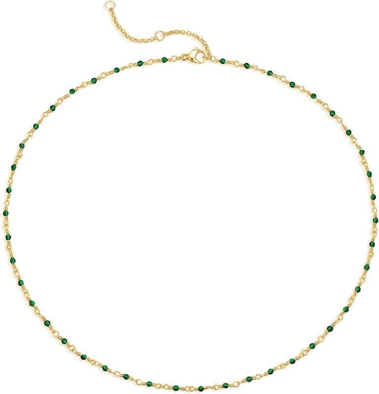 MEVECCO Station or Daisy Charm Choker Necklace for Women, 14K Gold Plated | 14K Gold Plated Brass, Spaced Red Or Green Cubic Zirconia Beads, Multicolor Or White Daisy Charm Fringe