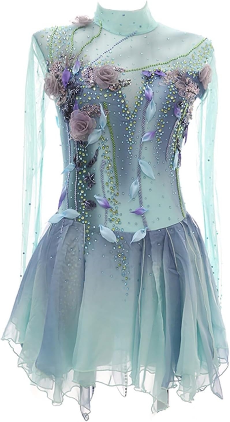 Children's Figure Skating Performance Dress Long Sleeve Flower Decoration Skater Dress Sports Skirt