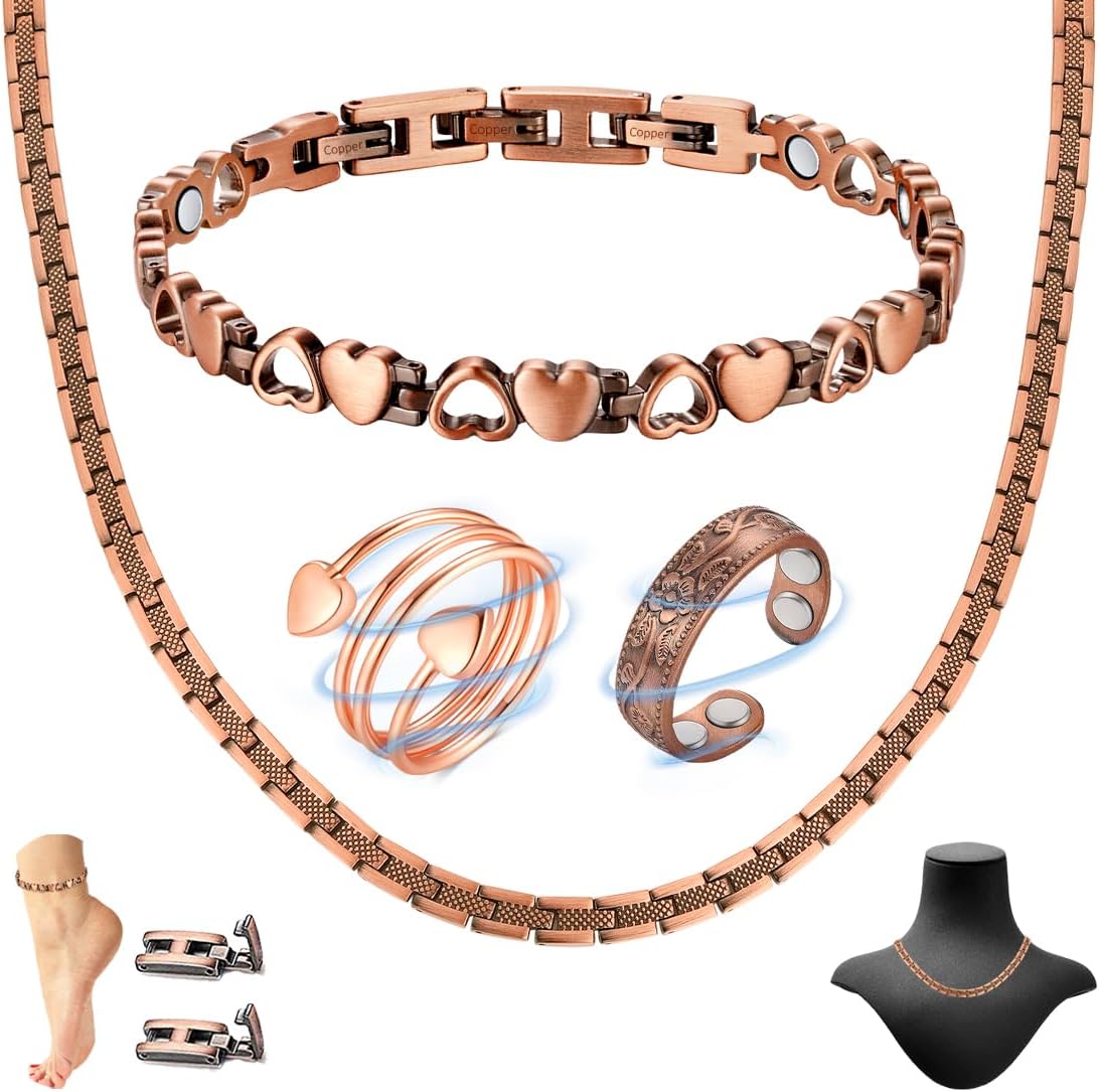 Vicmag 4PCS Magnetic Copper Necklace Anklet Ring Set for Women Men - Magnetic Jewelry Present for Wellness & Neck Tension Relief, 99.9% Pure Copper