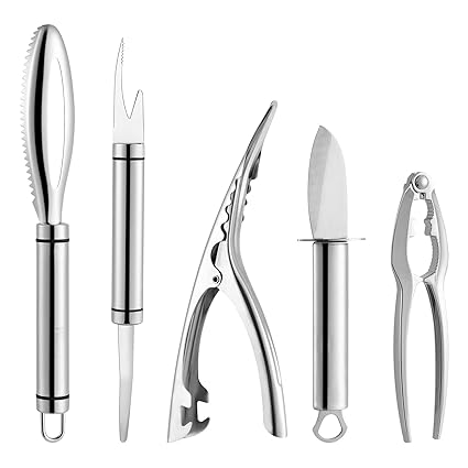 CookDaoMo 5 Pcs Stainless Steel Seafood Tools Set, Includes Fish Scaler, Shrimp Line Fish Maw Knife, Shrimp Peeler, Oyster Shucking Knife and Crab Cracker