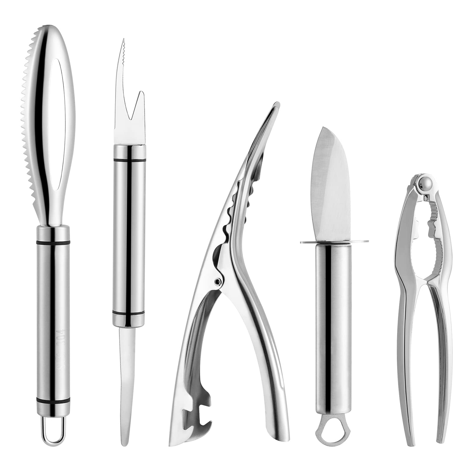 CookDaoMo5 pcs Stainless Steel Seafood Tools Set, Includes Shrimp Line Fish Maw Knife, Shrimp Peeler, Fish Scaler, Oyster Shucking Knife and Crab Cracker