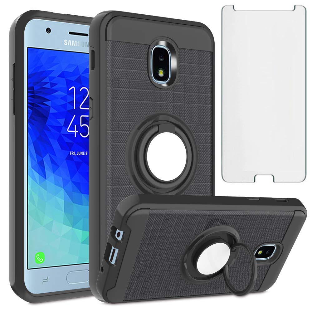 AsuwishCompatible with Samsung Galaxy J7 Star J 7 Crown 7J Refine 2018 J7V V 2nd Gen Case Tempered Glass Screen Protector Cover and Stand Ring Holder Cases for Glaxay Aura S767VL SM J737V Men Black