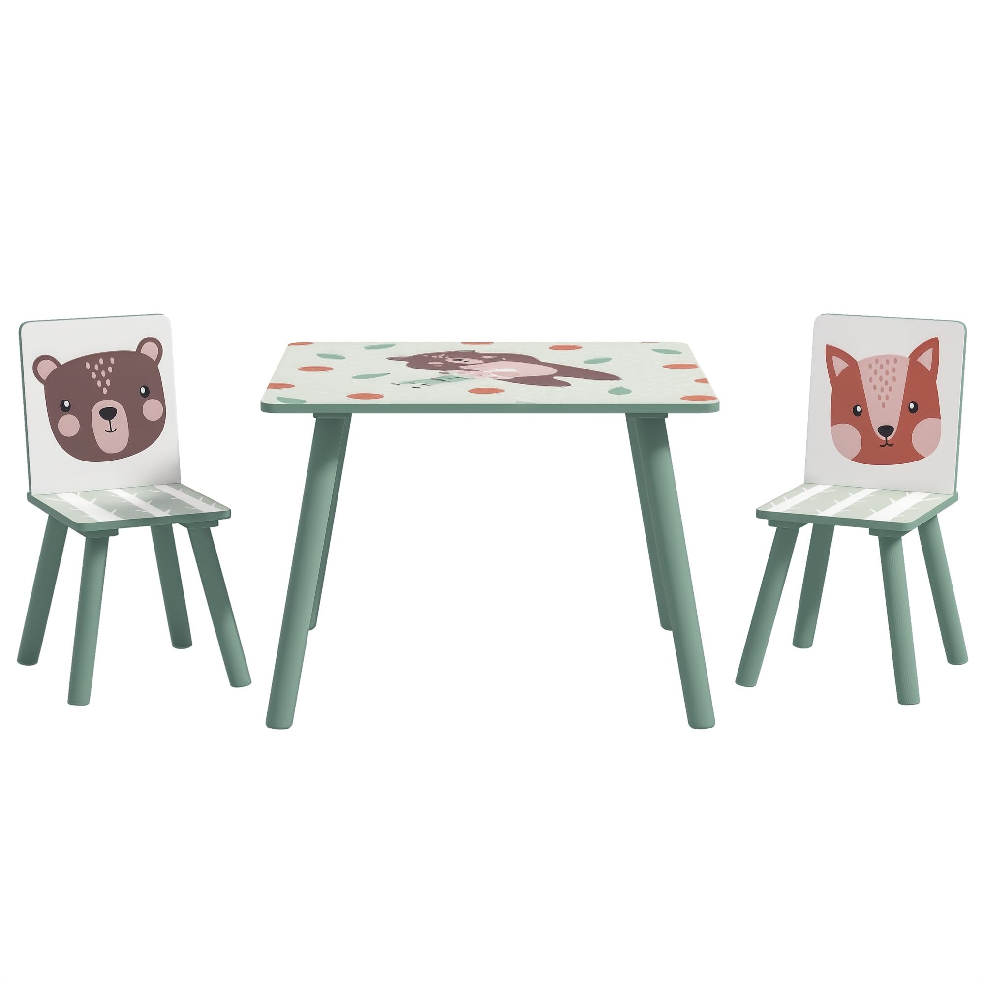 ZONEKIZ Kindertisch mit 2 Stühlen 3-teilig Kindersitzgruppe mit Tiermotiv, Kinder Tisch Stuhl Set Kindermöbel Sitzgruppe für Kinderzimmer, für 3-8 Jahren Kinder, Grün