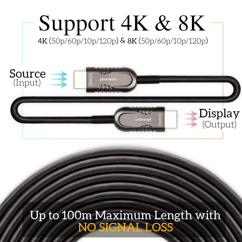 phoossno Cable HDMI 2.1 de fibra óptica 8K certificado Gen2 Ultra alta velocidad HDMI 48 Gbps 33 pies 10 m HDR eARC HDCP2.2 2.3 Soporte 4K 120Hz 8K60Hz Compatible con PS5 Xbox RTX3080/3090/LG C9/B9