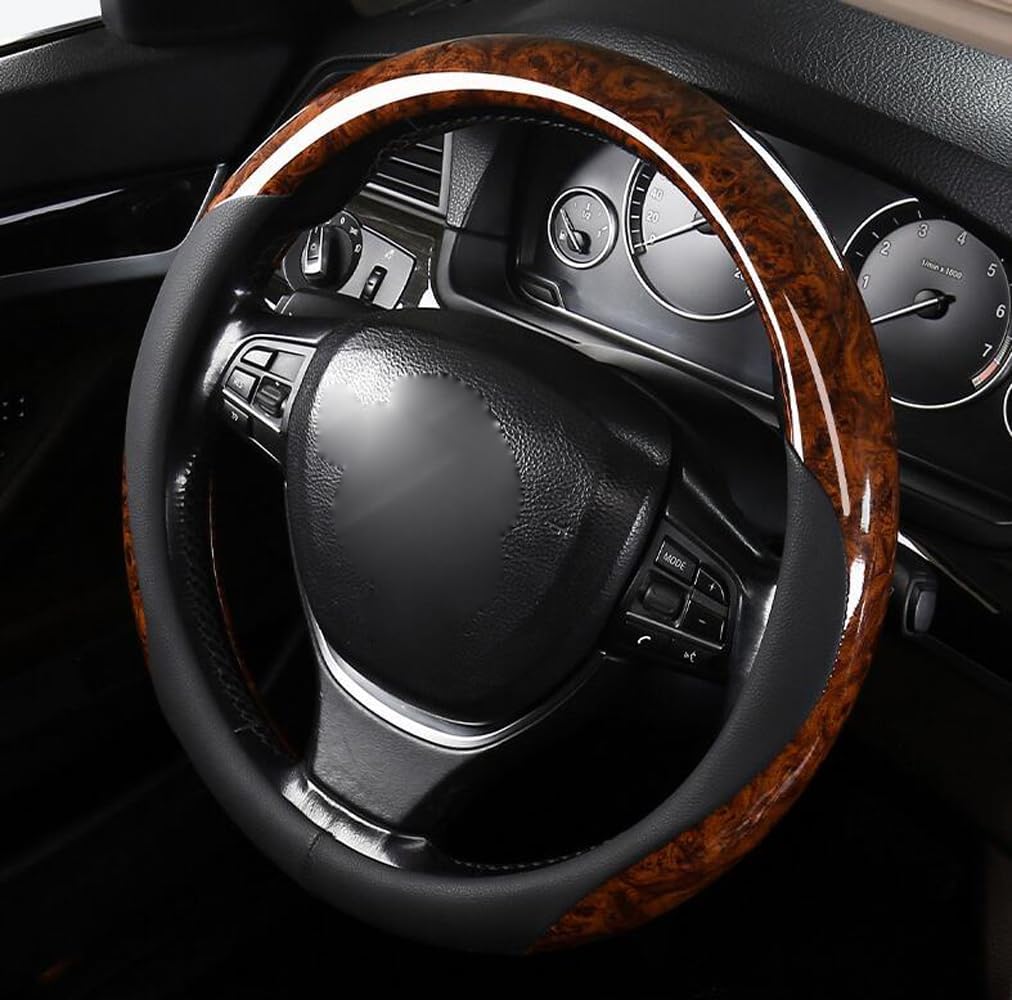 Classic Style Steering Wheel Cover Peach Wood Grain Four Seasons Universal Breathable Anti-Slip Car Wheel Protector 15 Inch Fit (Brown)