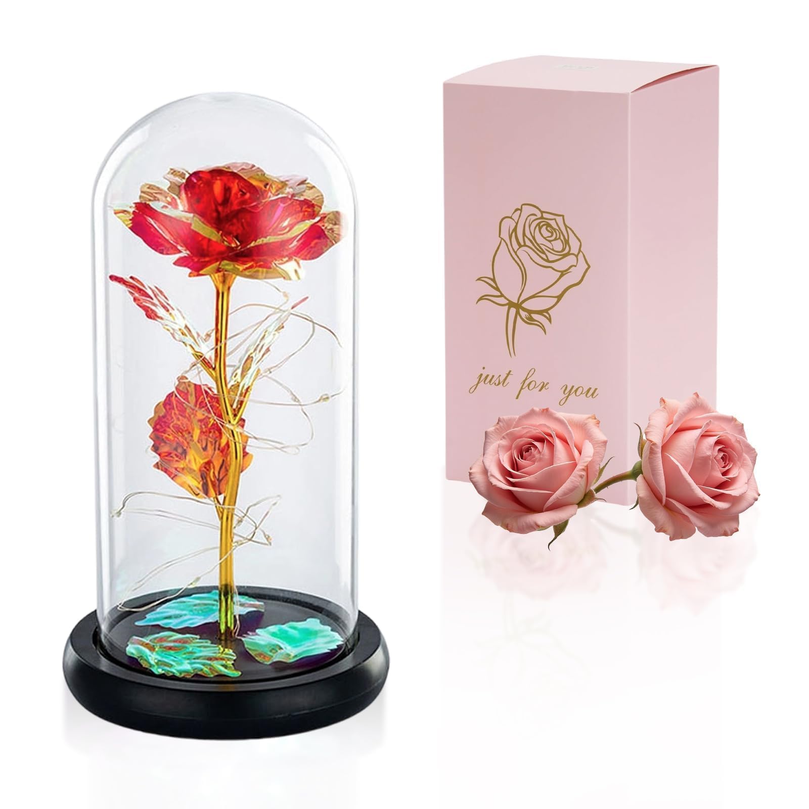 Beauty and the Beast Rose in Glass Dome Forever Rose Flower Kit Enchanted Galaxy Light Gifts for Women Girls Adults Mums on Valentine Mothers Day Wedding Anniversary Birthday (Red)