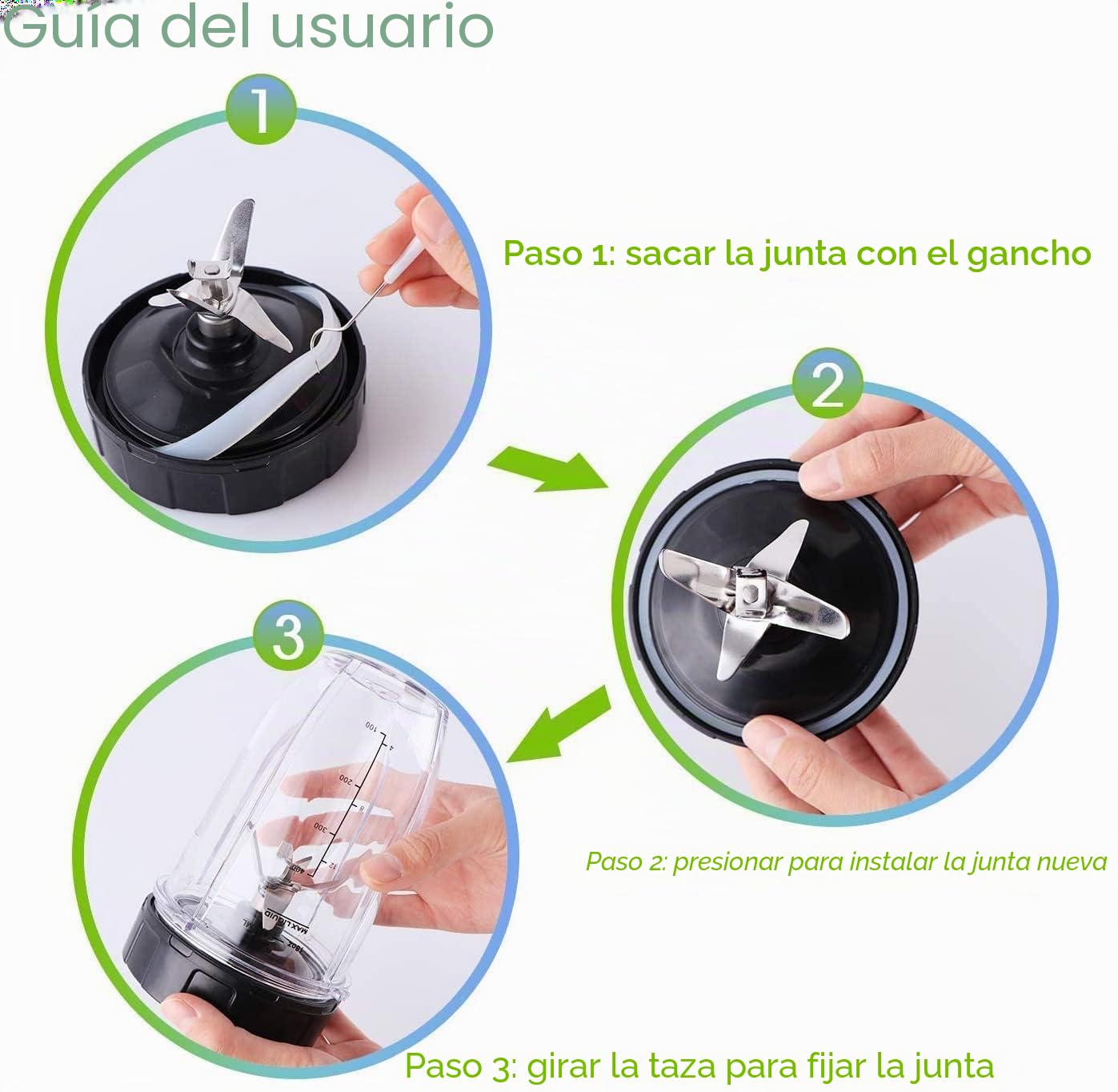 Paquete de 2 piezas de repuesto para licuadora, conjunto de cuchillas extractoras de 7 aletas con junta de goma compatible con licuadoras Nurti Ninja Auto iQ BL480 BL482 BL642 BL682 NN102