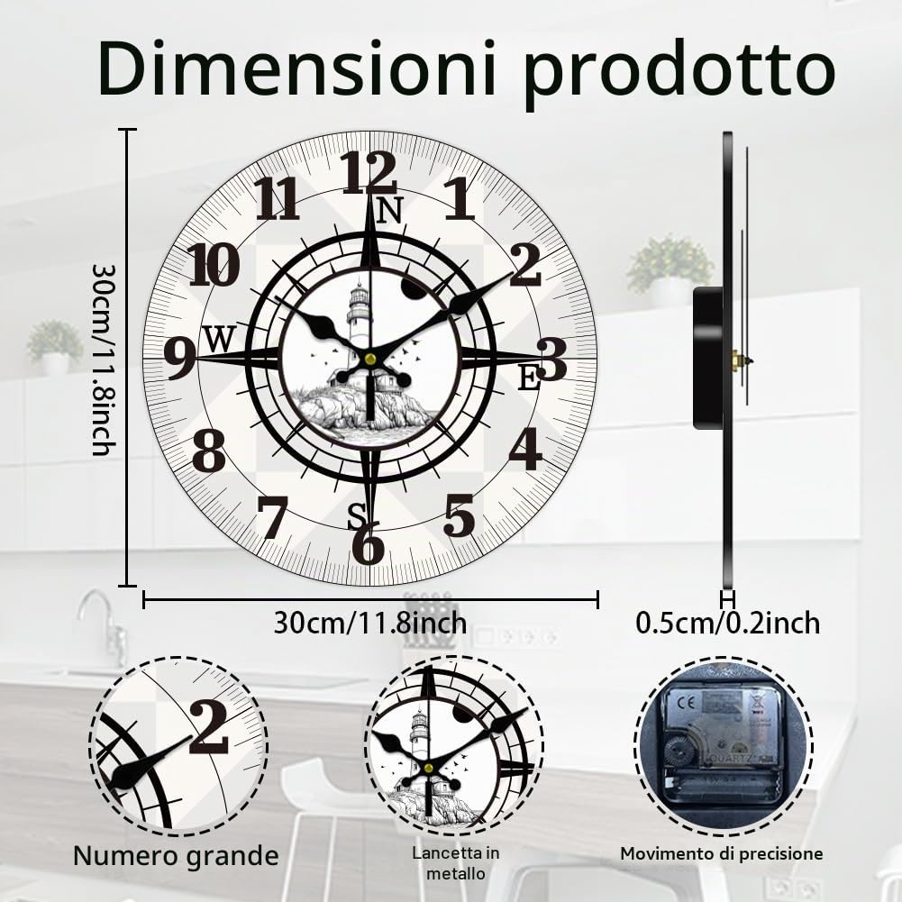 CHGCRAFT 12 Pollici Orologio da Parete con Faro sul Mare Modello di Bussola a Batteria Orologio Decorativo Rotondo Silenzioso e Non Ticchettante per l'ufficio, la Casa e la Cucina