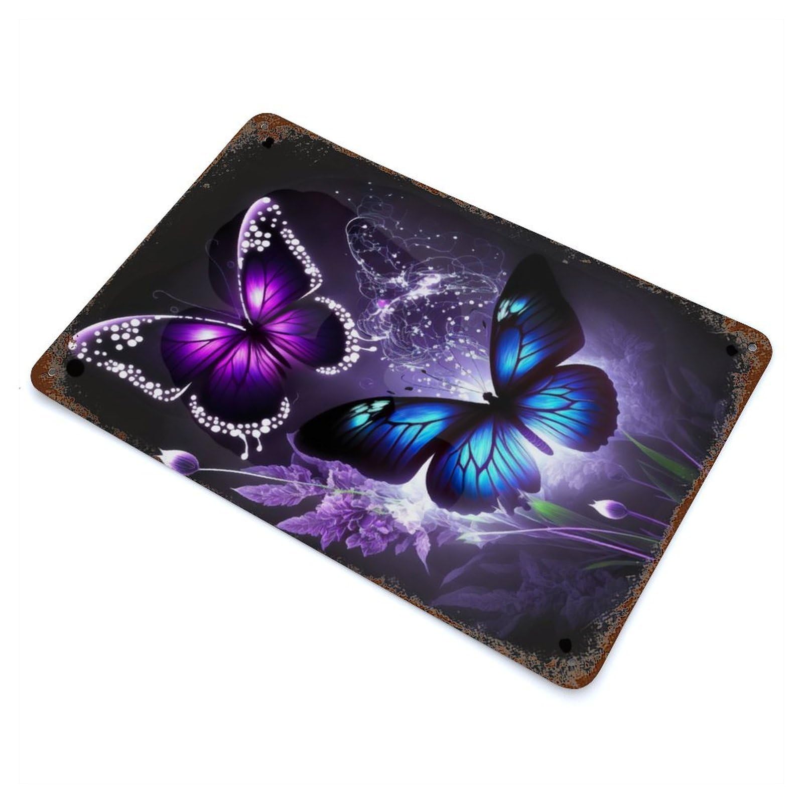 Butterflies In Bloom Vintage Wall Sign 11.8"x7.9", Rust Effect Metal Decor for Farmhouse, Kitchen And Entryway Decor