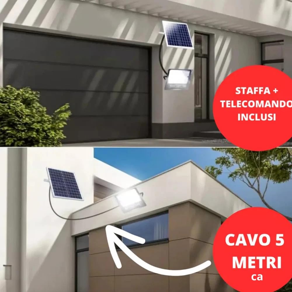 Generico FARO LED DA ESTERNO DA 5000W CON PANNELLO SOLARE E TELECOMANDO LUCE BIANCA IP66