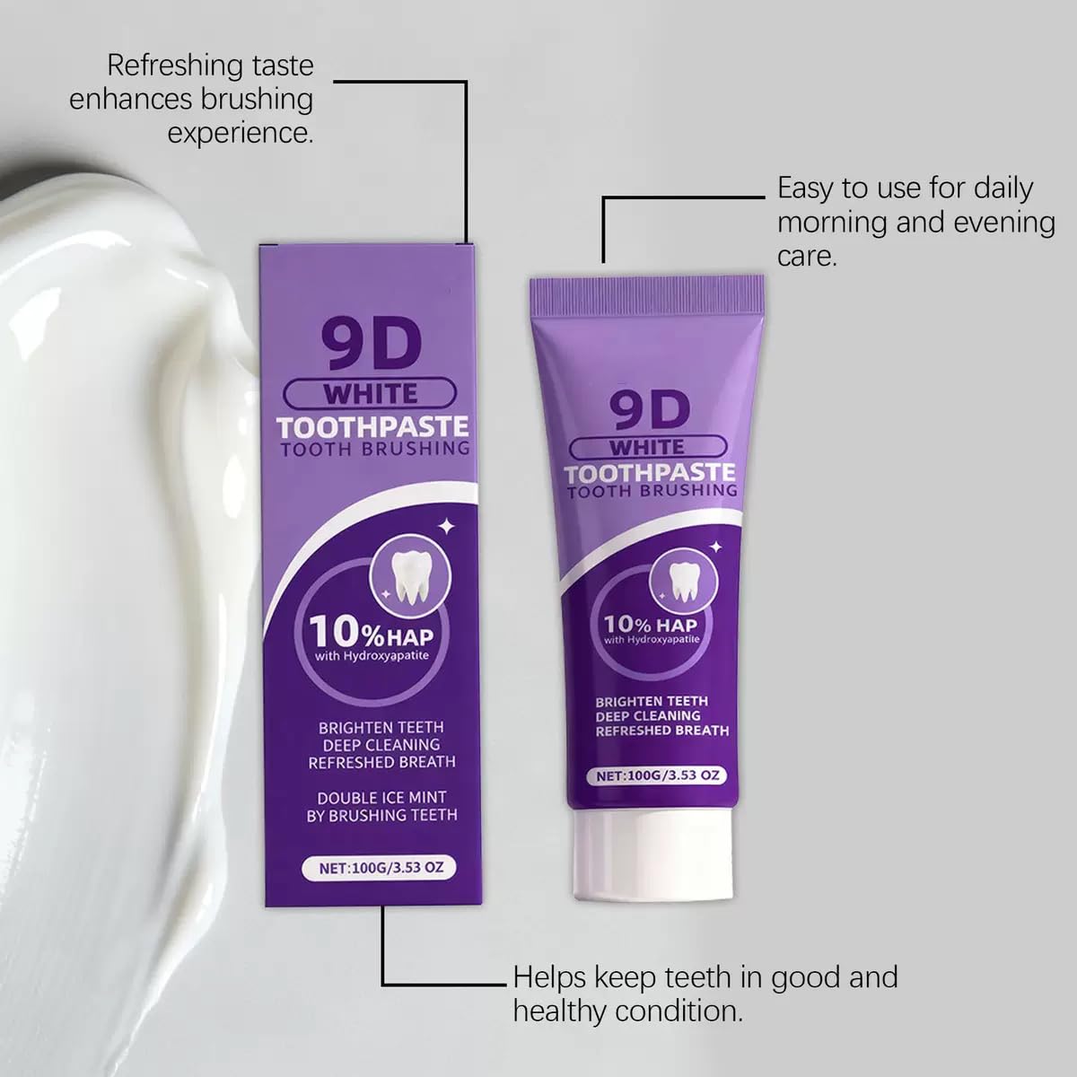 Dentifricio viola 9D per sbiancamento dei denti, dentifricio sbiancante idrossiapatite, dentifricio pulizia profonda, rimozione scolorimento dei denti. (5)