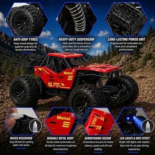 Image of RC Rock Crawler 2WD | Off-Road Monster Truck with Real Smoke Effect, Alloy Body & Rechargeable Battery | Durable Suspension | RC Car for Kids 4+ & Adults | Dark Red