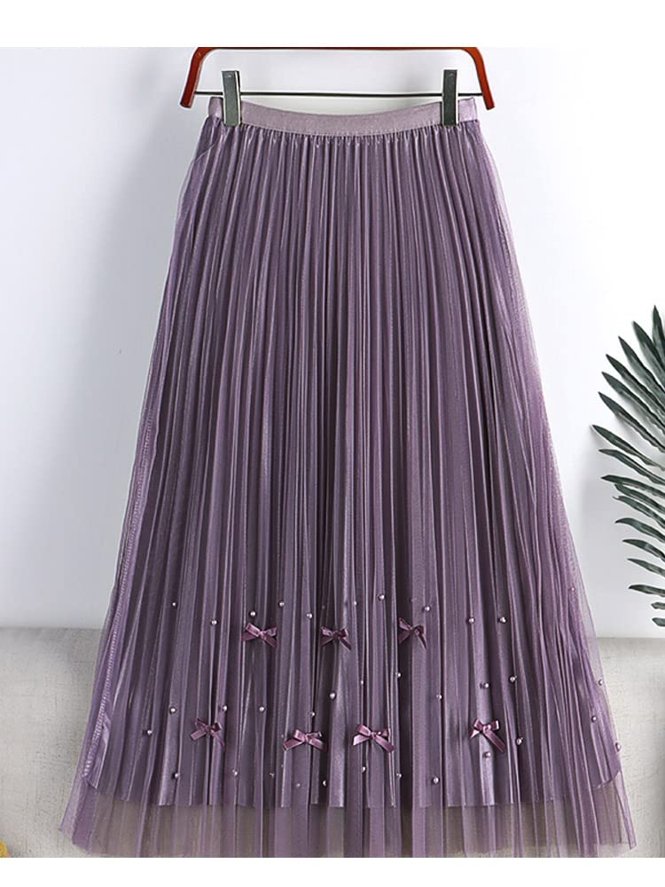 SePkus Falda Plisada de Tul hasta la Rodilla para Mujer Falda de Malla con Cuentas y Nudo de Lazo de Cintura Alta Informal Morada (Negro, Talla única)