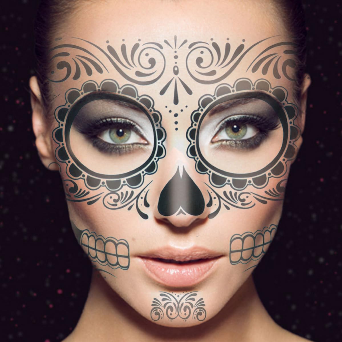 2 Pezzi Tatuaggi Temporanei Teschio T-007 Carta Nero per Halloween