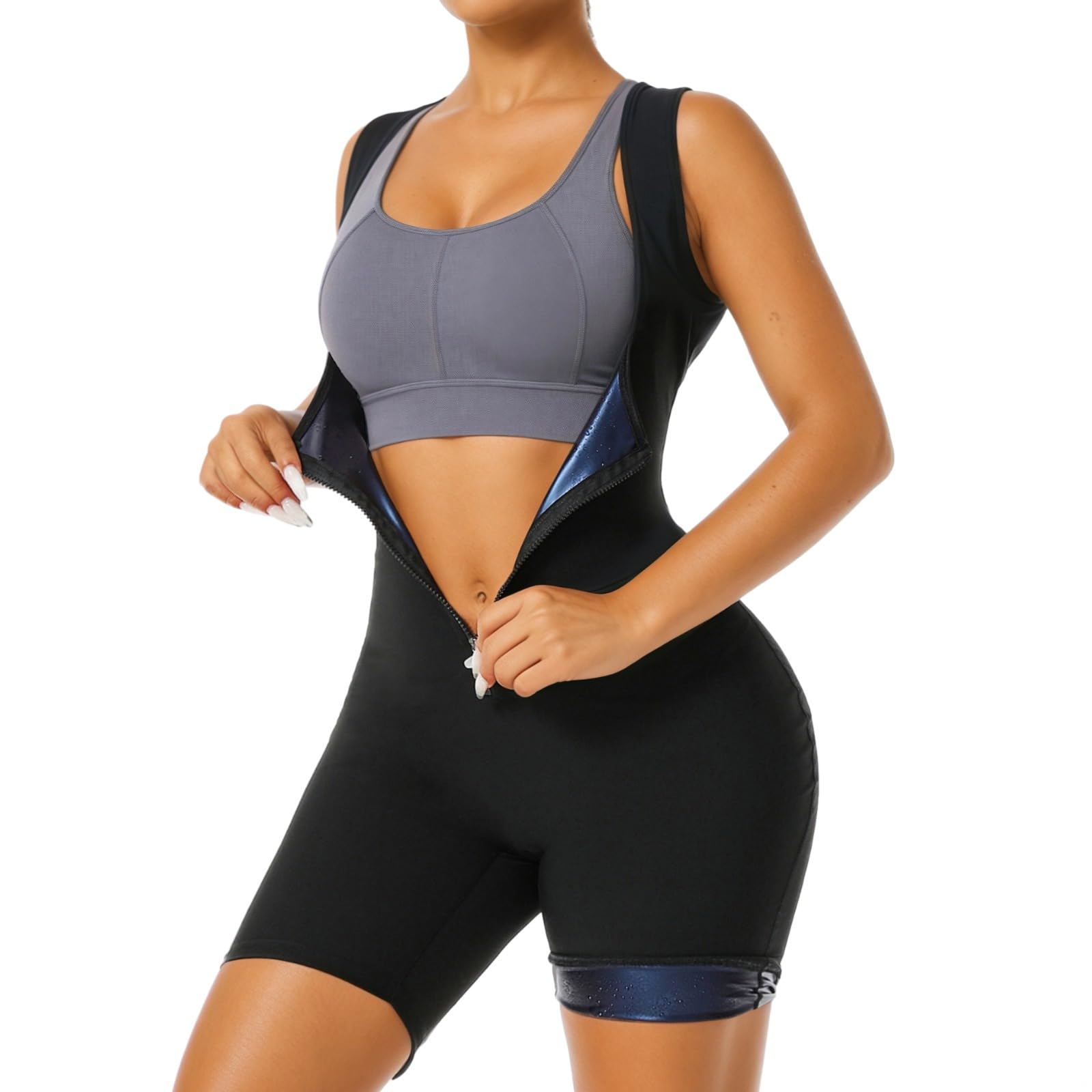 Women's Full Body Sauna Suit, Waist Trainer Vest with Zipper, Elastic Sweat-Enhancing Fabric, Size L
