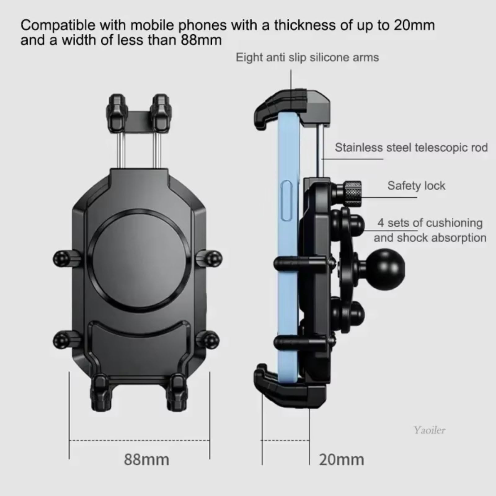Moto Support Téléphone Support Téléphone pour Moto avec Amortisseur Vibrations Antivol pour Guidon Vélo 54 À 72 Pouces(D)