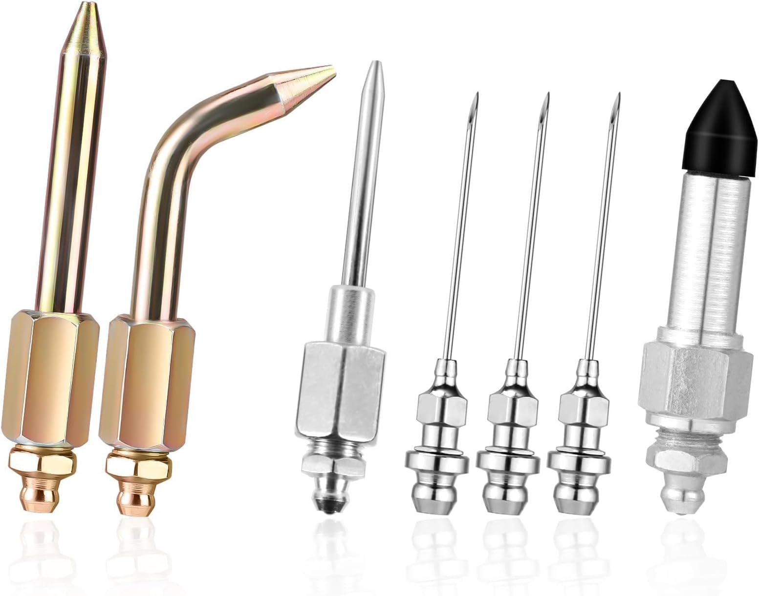 Grease Gun Accessory Kit, Includes 3 Grease Nozzles, Needle Dispenser, Rubber Tip, Straight Nozzle, Needle Elbow Fitting Adapter Coupler for Small and Confined Spaces, 7Pcs
