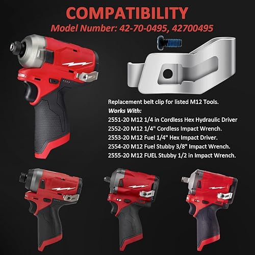 Miniatura 6 de 42-70-0495 Kit de gancho de clip para cinturón Milwaukee M12 Fuel Stubby 38 pulgadas Clip de cinturón de llave de impacto, reemplaza 2551-20 2552-20