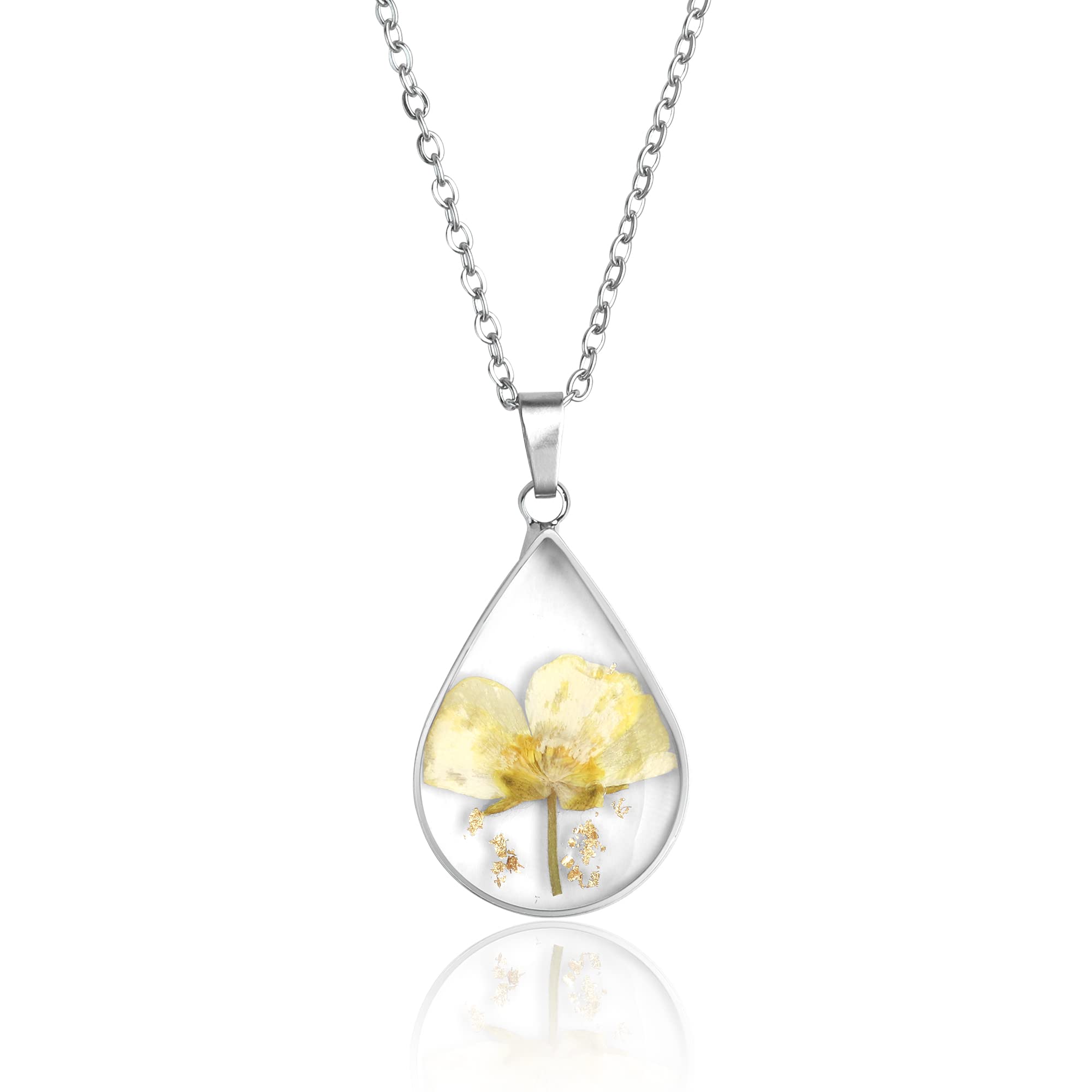 MOLUONAQI Birth Flower Necklace, Teardrop Flower Necklace - Pressed Flower Necklace, Birth Month Flower Necklace, Handmade Resin Necklaces, Flower Girl Gifts, Birthday Gift Necklace 18", Stainless
