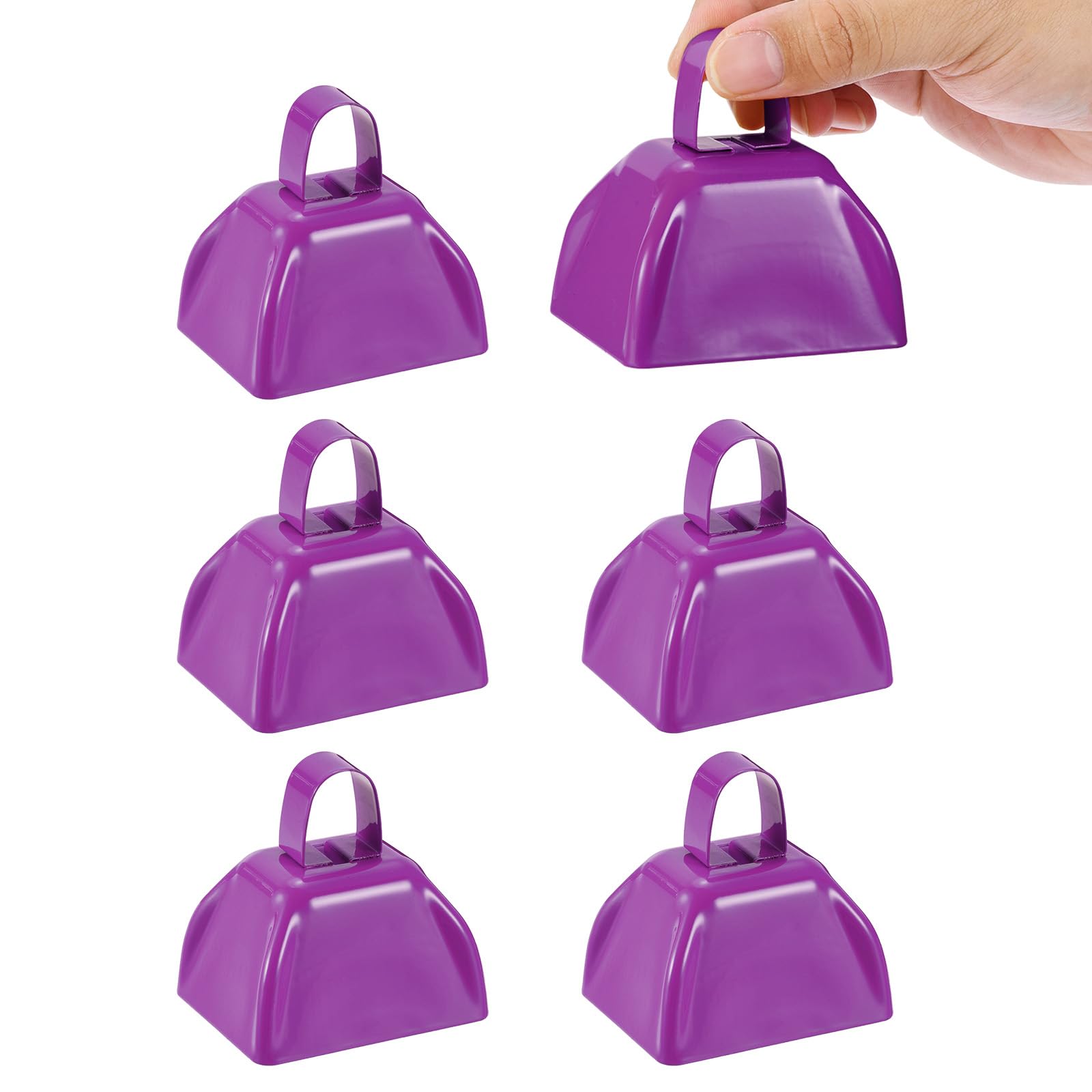 PATIKIL 6pcs Cow Bells for Football Games 3in Cowbells for Sporting Events Bulk Loud Noise Makers Metal Cow Bell with Handle for Cheering Competition Marathon Wedding Blue Purple