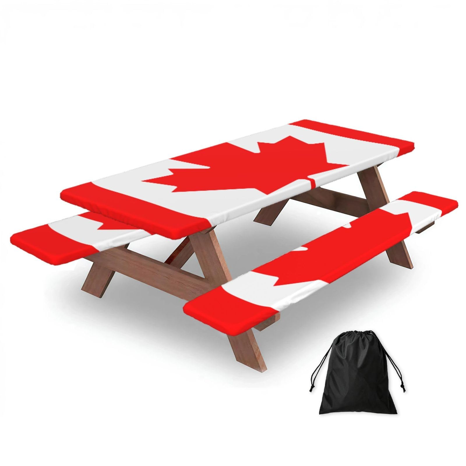 Erwqavc Black Canadian Flag Print Picnic Table Cover & Bench Covers 3-Pack Set, Elastic Tablecloths For 6 Ft Rectangle Tables