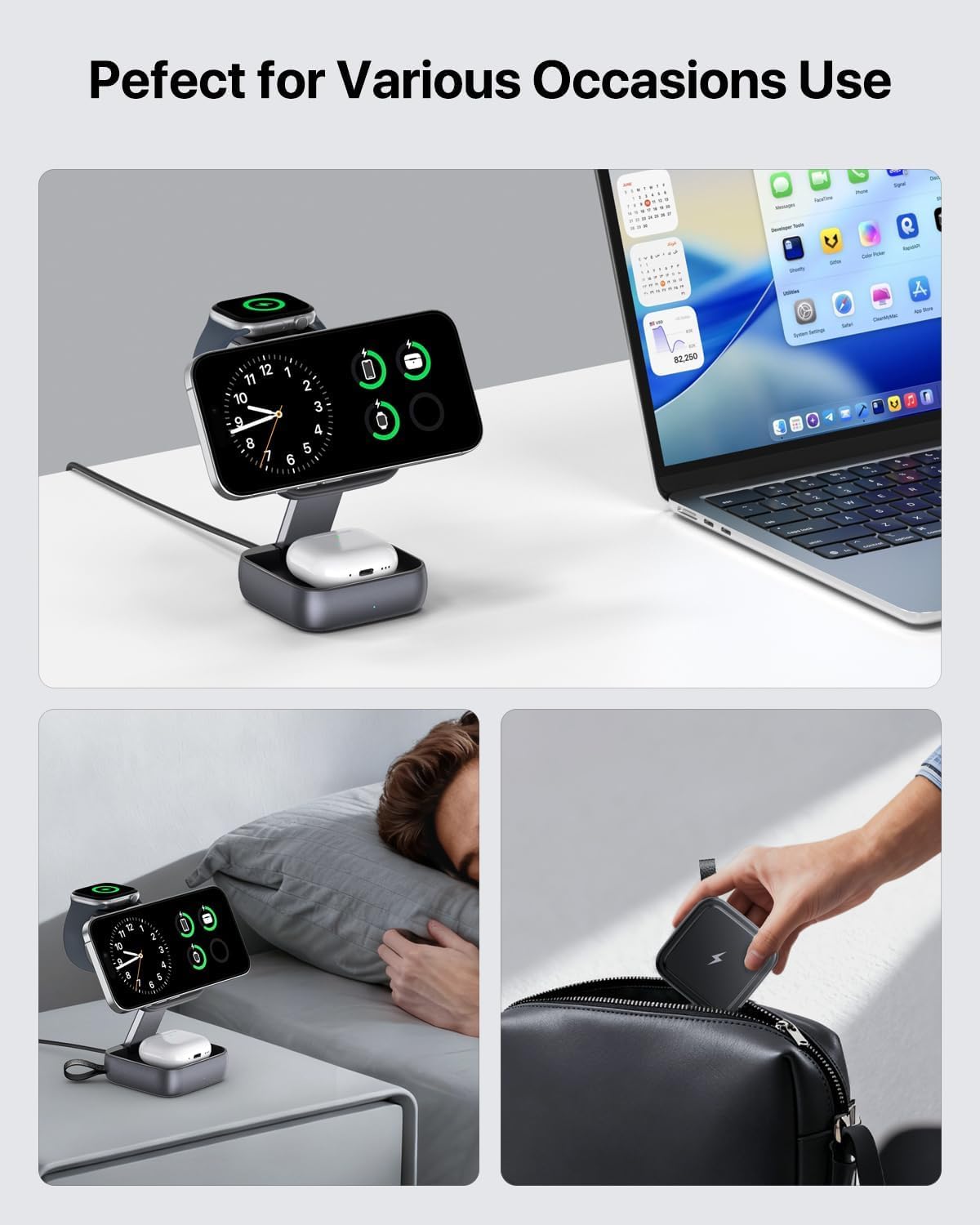 Estación de carga inalámbrica plegable 3 en 1, base de carga rápida magnética para AirPods Pro 17/16/15/14/13, Ultra/10/9, AirPods Pro - Soporte de viaje multidispositivo