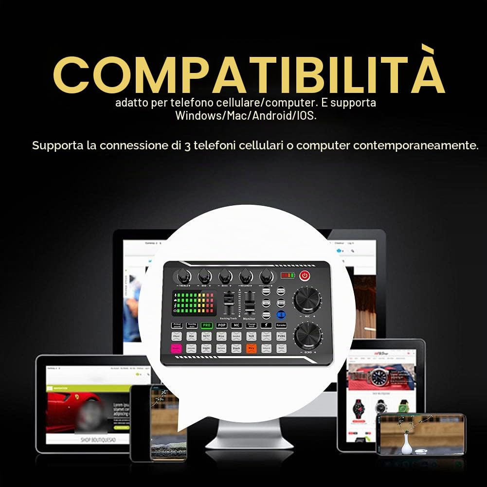 Audio Mixer Card Voice Changer, Audio Mixer DJ Mixer Board Adapter, DJ Equipment Streaming Podcast Scheda audio compatibile Bluetooth per telefono Computer Scheda audio Live con luce LED