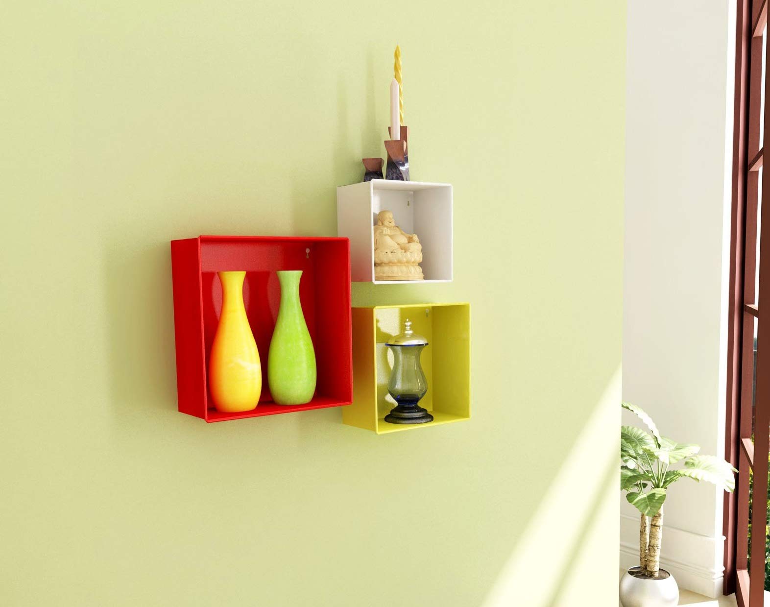 Set of 3 Cube Wall Shelves Mild Steel (Multicolour)