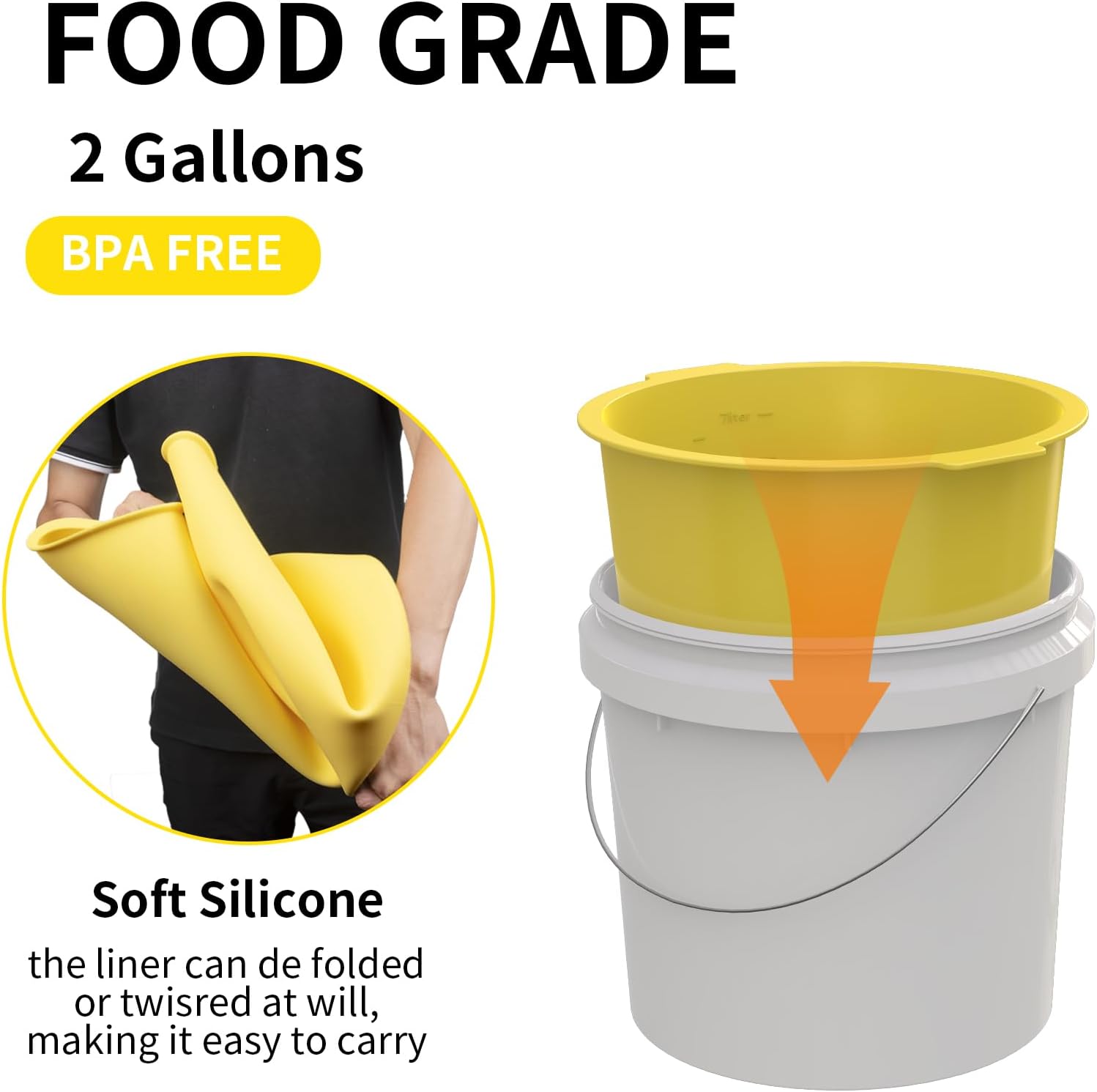 2 Gallon Silicone Bucket Liner - Reusable Mixing Liner for Concrete, Mortar, Grout, Paint, Food Grade Non-Stick, Easy to Clean & Durable (Yellow, 2 Gallon)