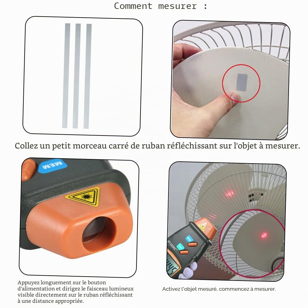 Compte-tours numérique portable - Tachymètre laser - Portée sans contact - 2,5 tr/min - 99,999 tr/min - Écran LCD - Compte-tours moteur avec 3 films réfléchissants