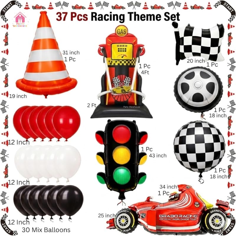 Image of Party Warehouse Racing Car Theme Birthday Decoration Set-XXL Gas Standee Pump Balloon,Car,Traffic Signal,Tyre,Checkered Flag & Cone Foil Balloon|Car Theme Party|Boys Birthday Racing Party Decor-37 Pcs