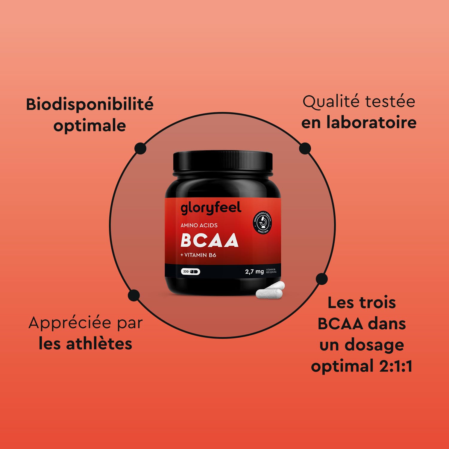 BCAA (330 Capsules), Acides Aminés Essentiels Fortement Dosée, Contient Leucine, Valine et Isoleucine avec Vitamine B6, Hautement Biodisponible, Contre la Fatigue*, Sans Arômes et Additifs
