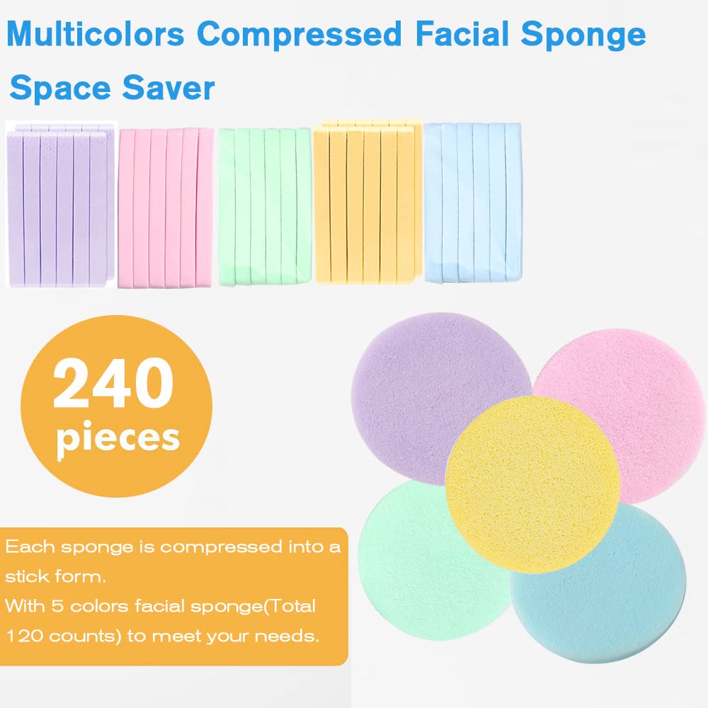 Spugna per il viso compressa, 240 conti PVA professionale per la rimozione del trucco, spugna rotonda per il viso, esfoliante per donna, giallo, rosa, viola, blu, verde
