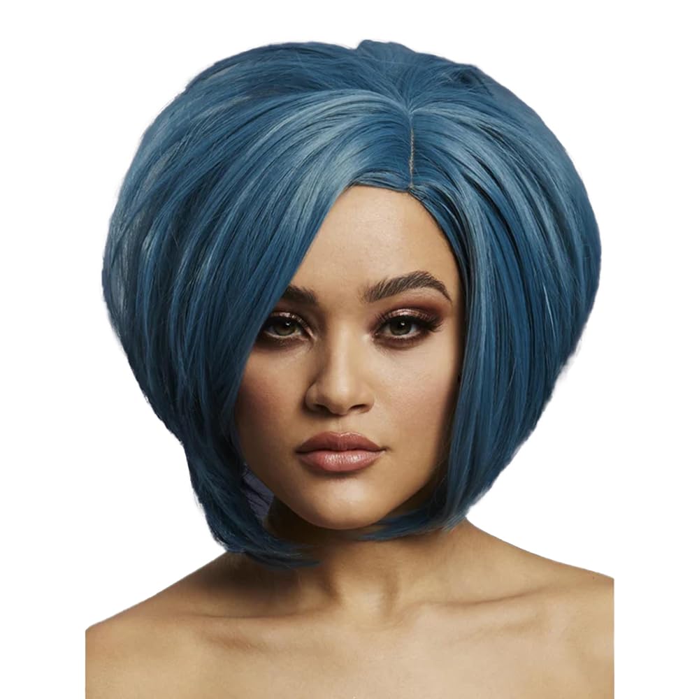 Smiffys Fever Savanna Wig, True Blend, Petrol Blue Asymmetric Bob, Side Parting, 30cm/ 12in, Fever Wigs Fancy Dress, Fever Dress Up Wigs