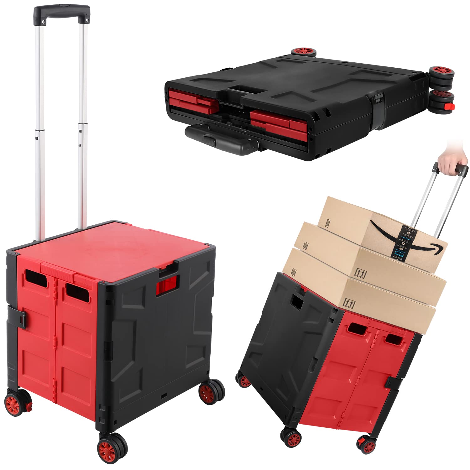 Foldable Shopping Utility Cart Portable Rolling Crate Handcart with 360°Rotate Wheel,Hidden Lid,Telescoping Handle Collapsible for Travel Shopping Moving Storage Office Use(Black/Red) Red Hidden Lid