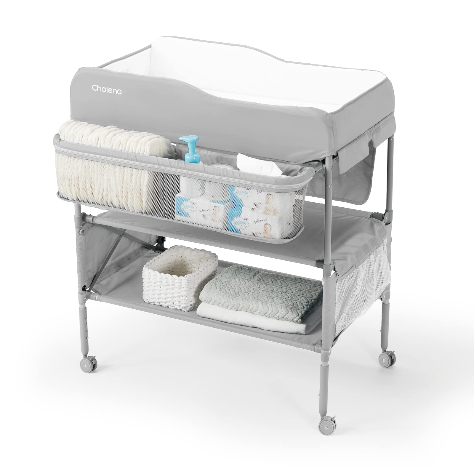 Photo 1 of Baby Changing Table Portable Adjustable Changing Station for Tall, Foldable Diaper Changing Tables, Easy Clean Changing Table Topper, Large Storage Cholena Changing Station for Nursery, Light Grey Oxford Light Grey