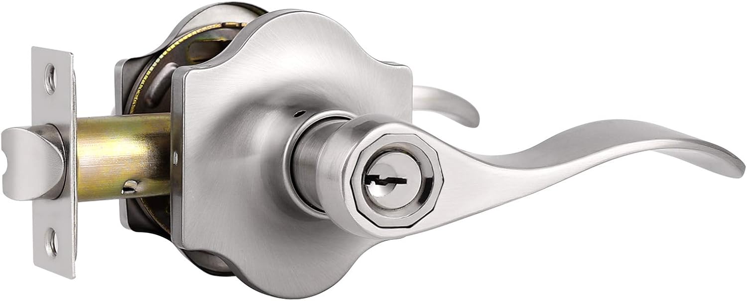 Probrico Keyed Entry Door Locks Camelot Style Wave Door Levers Brushed Nickel Stainless Steel Door Handles Interior & Exterior Door Locksets for Left & Right Hand Doors (85061SN)