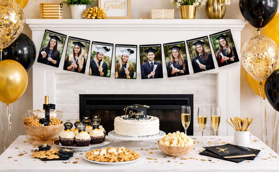 Image of Velunza Graduation Photo Banner with Hanging Rope, Congrats Grad Party Decoration, DIY Picture Display Garland for College School Graduation Celebration, Wall Hanging Memory Banner Kit