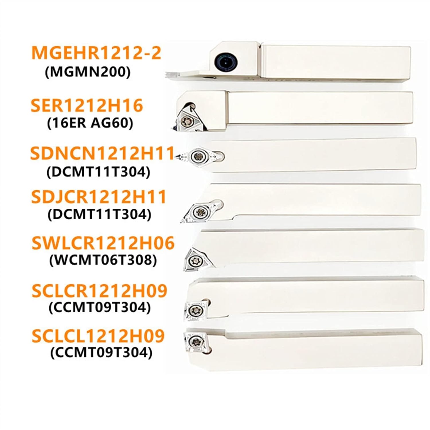 Individual lathe turning tool holders with their respective model numbers.