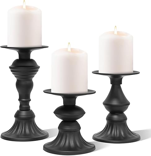 Juego de 3 portavelas de pilar negro mate, soporte de vela antiguo de metal vintage para pilar y velas LED sin llama, decorativo para centro de