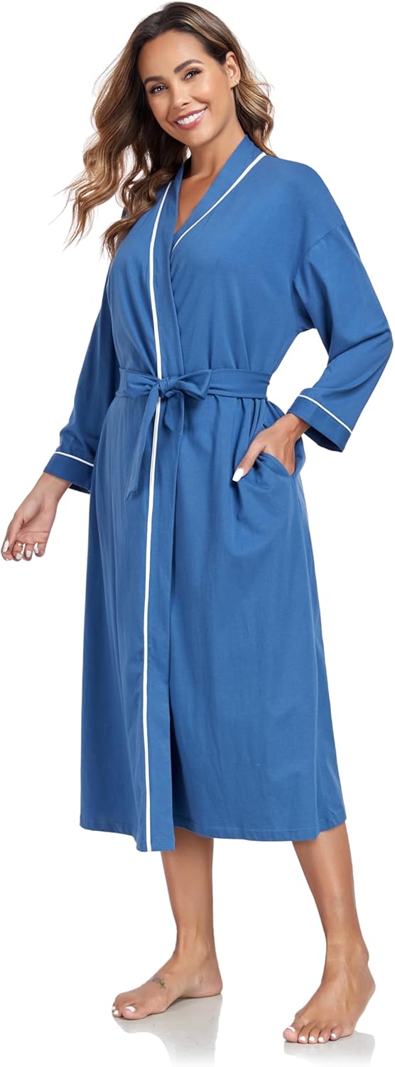 EA'S SECRET 100% Cotton Robes for Women Lightweight Long Kimono Bathrobe Soft Ladies Loungewear with Pockets - Image 2