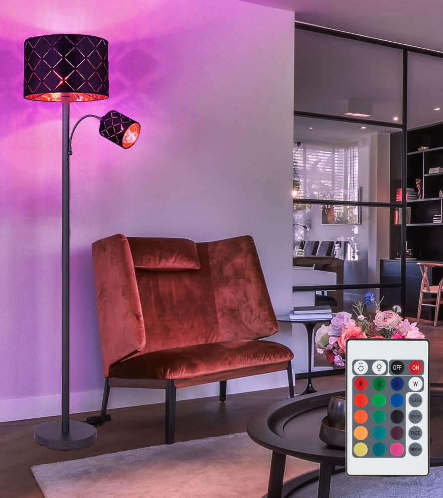 Stehleuchte mit Leselampe Stehlampe Wohnzimmer Stehleuchte Leseleuchte schwarz gold, Fernbedienung dimmbar, 1x 8,5W 1x 4,8W, DxH 35 x 162 cm