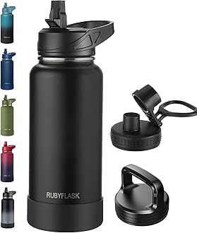 RUBYFLASK 32oz Insulated Water Bottle with Straw, Stainless Steel Metal Vacuum Water Flask, Large Thermos Water bottle with Leakproof 3 Lids for Travel, Camping, Gym Sports Black