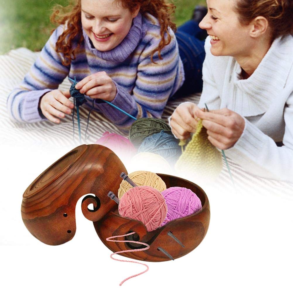 Bol de rangement en bois de rose sculpté Nagina International avec trous sculptés et perceuses | Accessoires de crochet à tricoler (Ensemble