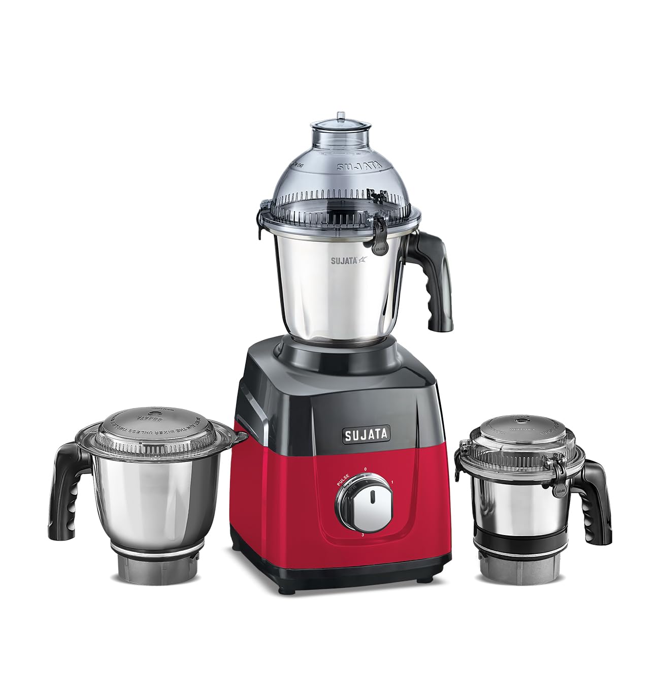 Sujata MG02 Mixer Grinder 1000Watts | Double Ball Bearing Motor|24000 RPM|Non-Stop 90 Mins Running|3 Food Grade Steel Jars including 1500ml Multipurpose, 1000ml Grinder, 500ml Chutney Jar|Red & Black