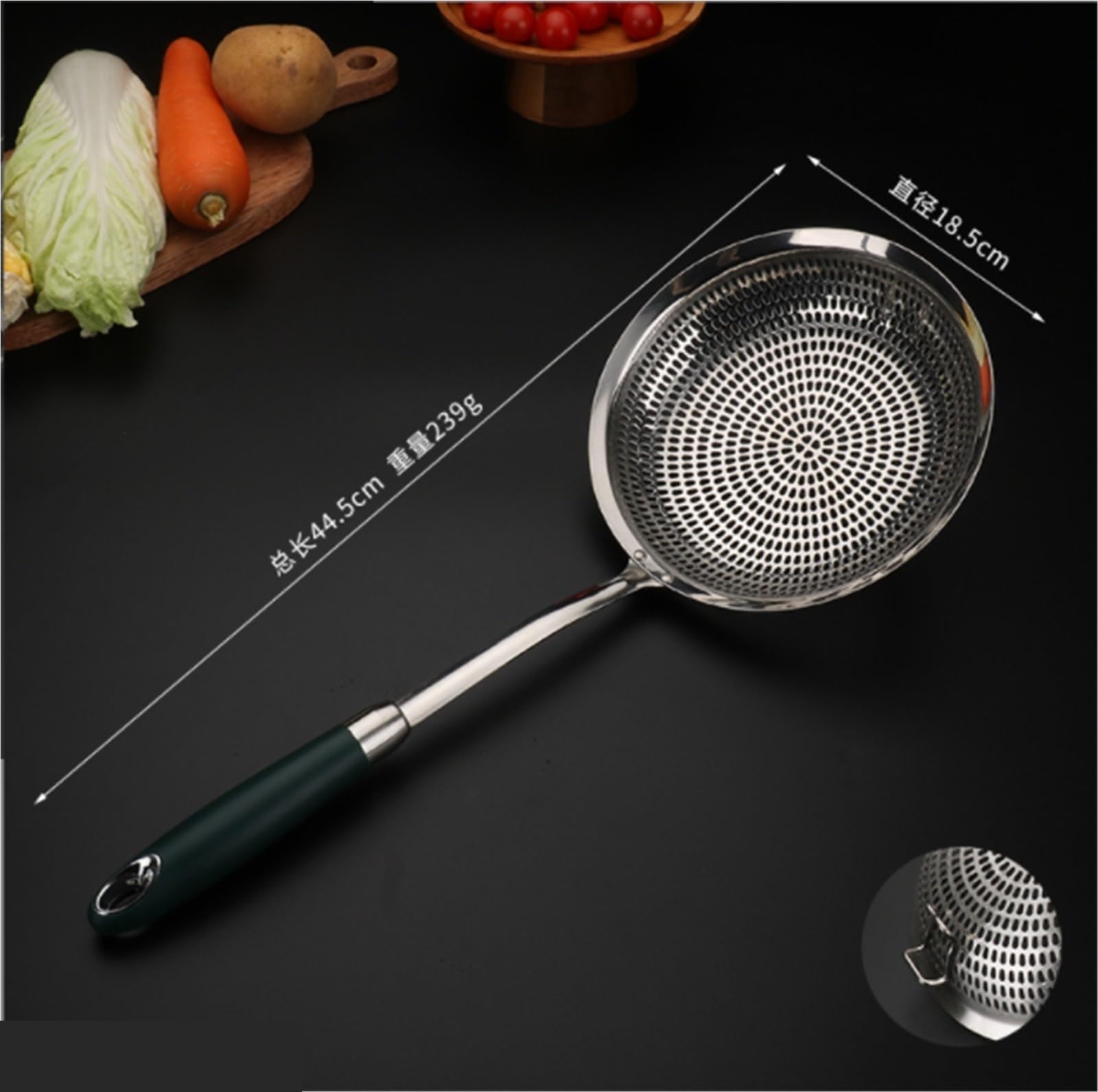 Sitko Durszlak Kuchenny Skimmer Do Gotowania Siatka Odpływowa Ze Stali Nierdzewnej Długi Uchwyt Fangtan łyżka cedzakowa(Green-With hook,44cm)