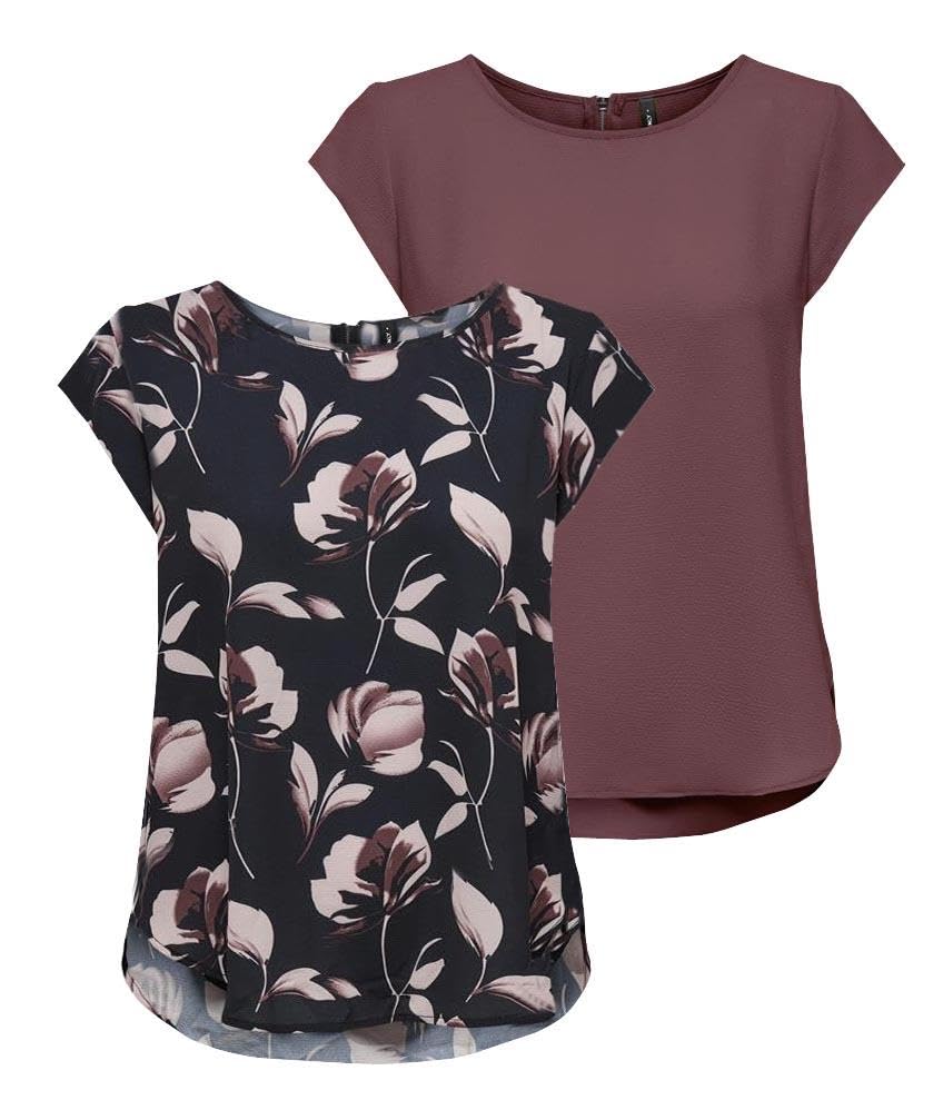 ONLY Damen ONLVIC S/S Solid 2 Pack Top, Kurzarm, Rose Brown/Night Sky/Flower, 46